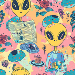 Colorful repeating pattern of alien being and spaceships