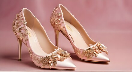 Obraz premium Blush pink bridal shoes and accenting jewelry with gold floral decoration. Pink background. Close up and top view. 