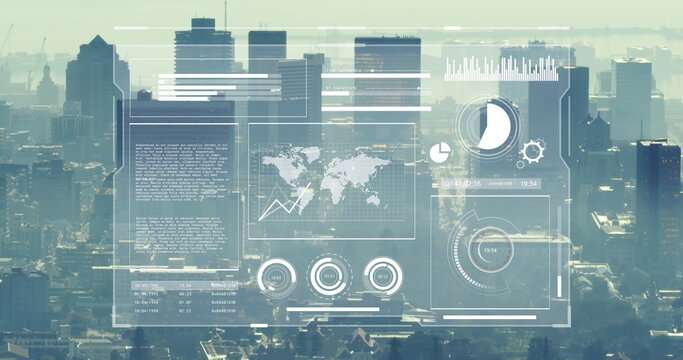 Image of graphs, map, loading circles and bars over aerial view of cityscape