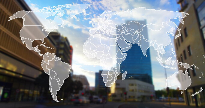 Image of map over time lapse of moving vehicles on street against buildings and cloudy sky - Powered by Adobe