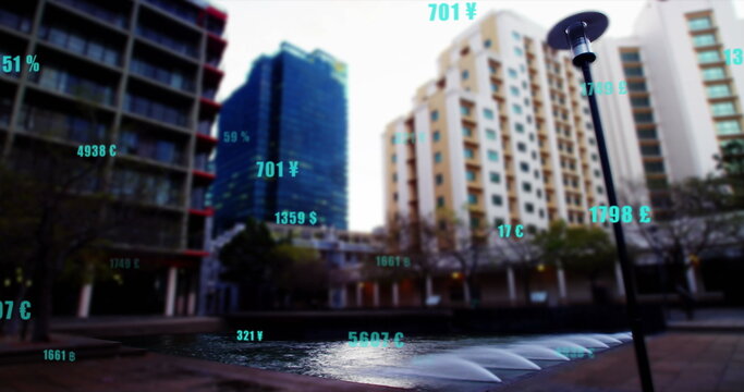 Image of changing numbers and currency symbols, time lapse of people walking around buildings