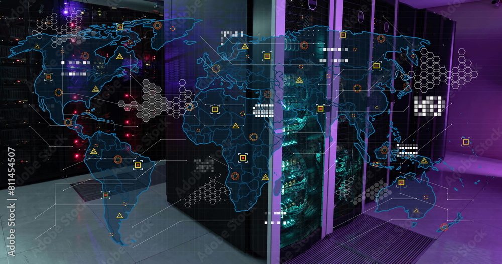 Aufkleber image of circuit board pattern on map over data server racks in server room