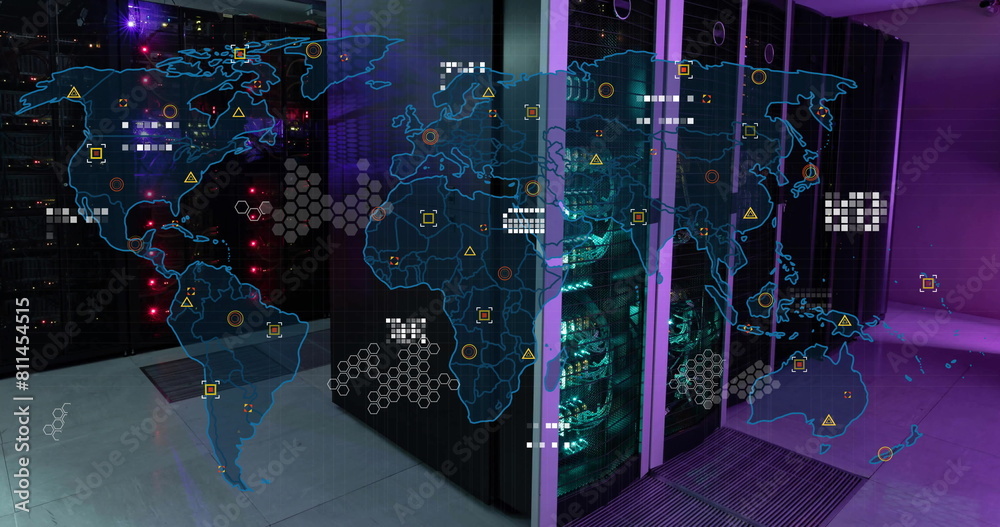 Aufkleber image of circuit board pattern on map over data server racks in server room