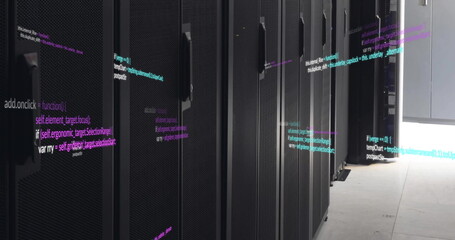 Image of multicolored computer programming language over data server room
