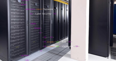 Image of multicolored computer language over data server racks in server room
