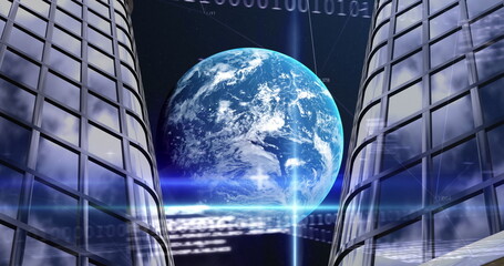 Obraz premium Giant Earth, glowing in digital code, hovering between two skyscrapers