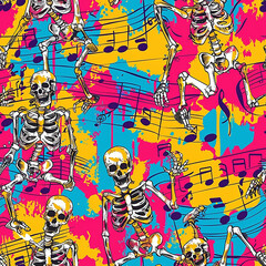 Colorful repeating pattern of dancing skeletons with musical notes