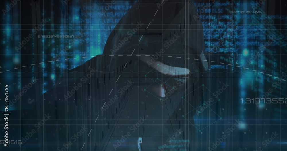 Poster image of data processing and hacker over server room