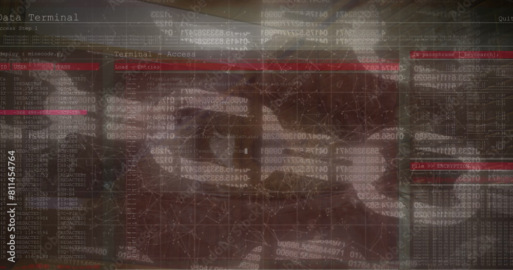 Poster image of network of connections and data processing over eye of caucasian man and server room