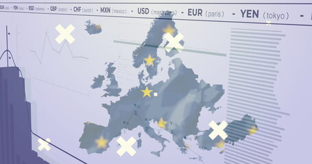 Naklejka premium Map showing USD, EUR, and YEN across Europe, using symbols and lines
