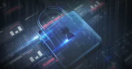 Image of cyber attack warning and padlock icon over server room