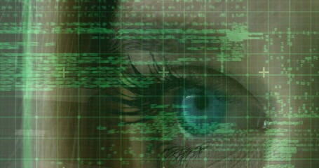Image of data processing over eye of caucasian woman