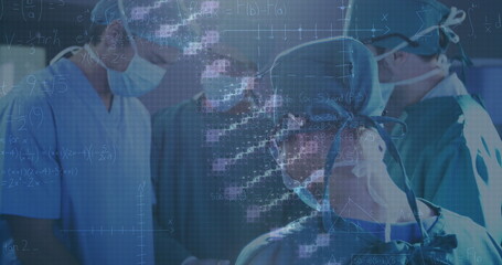 Image of dna rotating over diverse surgeons during operation