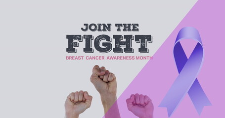 Image of join the fight and hands over beige and pink background with ribbon