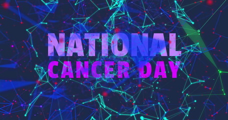 Image of national cancer day over navy background with connections