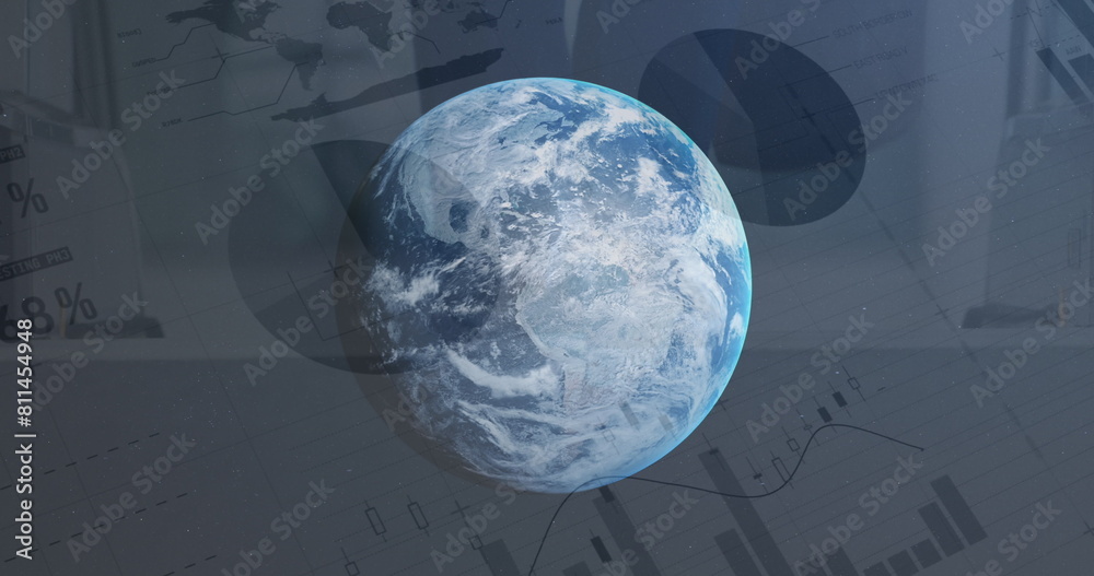 Poster image of statistics and data processing over globe