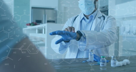 Image of chemical structures over biracial male doctor wearing gloves and face mask