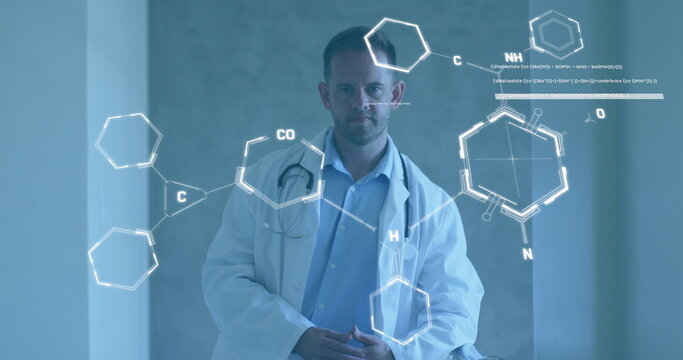 Image of chemical structures and data processing over caucasian male doctor