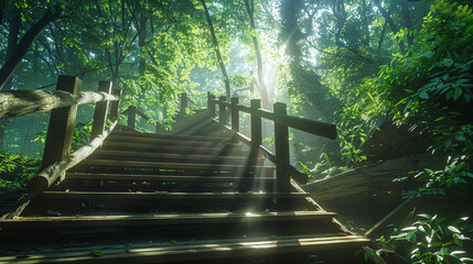 Sun-dappled wooden staircase in a lush forest, captured from a low angle showcasing the green canopy.