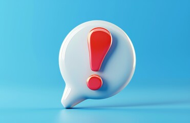3D icon of simple white message bubble with red exclamation mark on blue background, minimalistic style, high resolution.