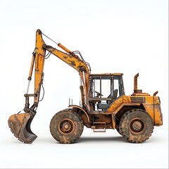 Dynamic side profile of a backhoe loader with visible treads and hydraulics, set against a flawless white background for high contrast