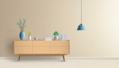 A modern wooden sideboard with decorative items in a room with a blank beige wall, concept of minimalist interior design. 3D Rendering