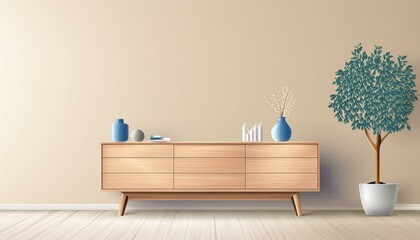 A modern wooden sideboard with decorative items in a room with a blank beige wall, concept of minimalist interior design. 3D Rendering