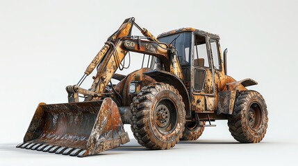 Artistic angle of a backhoe loader, emphasizing the contrast between the metallic sheen and white background, minimal shadows