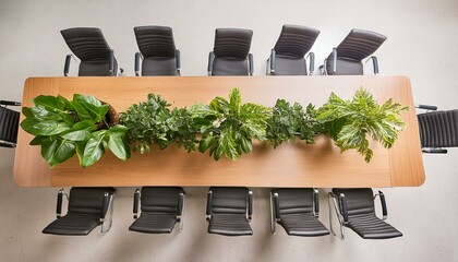 Top view of a modern conference room with a long table, chairs and green plants, light background, green office meeting concept, Generative AI