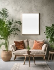 Modern living room interior with a blank poster on the wall, plants, and furniture on a concrete background,