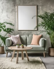 Modern living room interior with a blank poster on the wall, plants, and furniture on a concrete background,