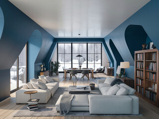 Scandinavian interior design of modern living room, home with blue wall.