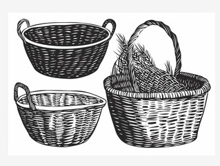 Obraz premium Decorative baskets flat design front view storage solutions theme cartoon drawing black white