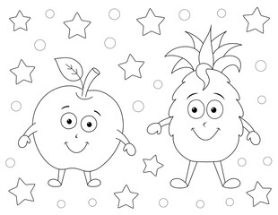 healthy food cartoon drawing coloring page. apple and pineapple. you can print it on standard 8.5x11 inch paper