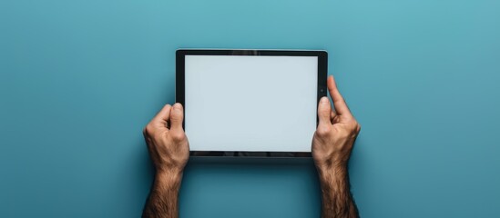 Man's hands hold a tablet with a white screen and a pointing finger on it, against an isolated background, with space for copy or text.