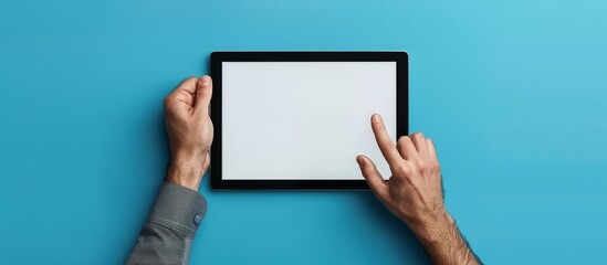 Naklejka premium Man's hands hold a tablet with a white screen and a pointing finger on it, against an isolated background, with space for copy or text.
