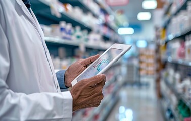 Pharmacist using a tablet computer in a pharmacy, with a close up view of hands and the tablet with blurred shelves of medical products in the background.