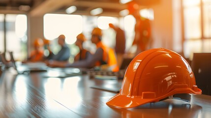 hard hat on the table in the office with people wearing construction blurred background.