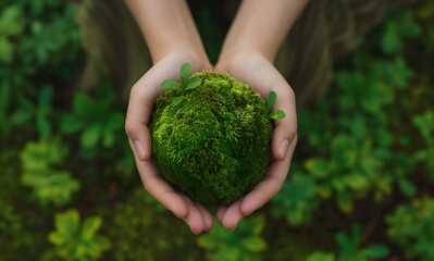 Close up of hands holding the green planet Earth
