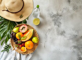 Plate of tropical fruits on the table, next to it is an open straw bag and a sun hat, water bottle, summer. - Powered by Adobe