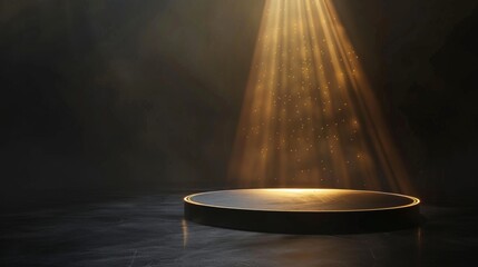 A dark background with golden rays of light shining down on an empty podium, creating a dramatic and elegant atmosphere for product displays or award.