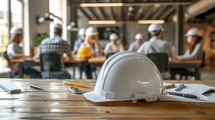 hard hat on the table in the office with people wearing construction blurred background.