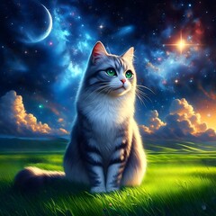 A gray and white cat with green eyes is sitting in a field with a starry sky and a crescent moon.