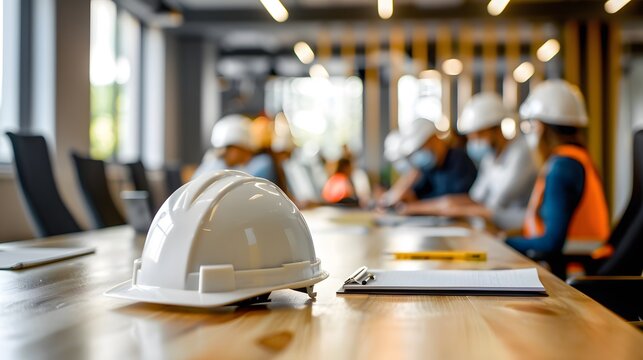 hard hat on the table in the office with people wearing construction blurred background.