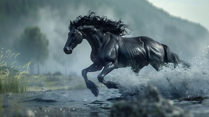 Obraz na płótnie Canvas Dynamic 3D artwork capturing the raw energy and beauty of a galloping black horse, frozen in a moment of breathtaking motion. 