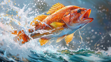Painting of Peacock fish jumping out of water, suitable for marinethemed designs, seafood restaurant menus, fishing advertisements and sea life illustrations.
