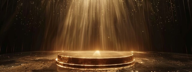 A dark background with golden rays of light shining down on an empty podium, creating a dramatic and elegant atmosphere for product displays or award.