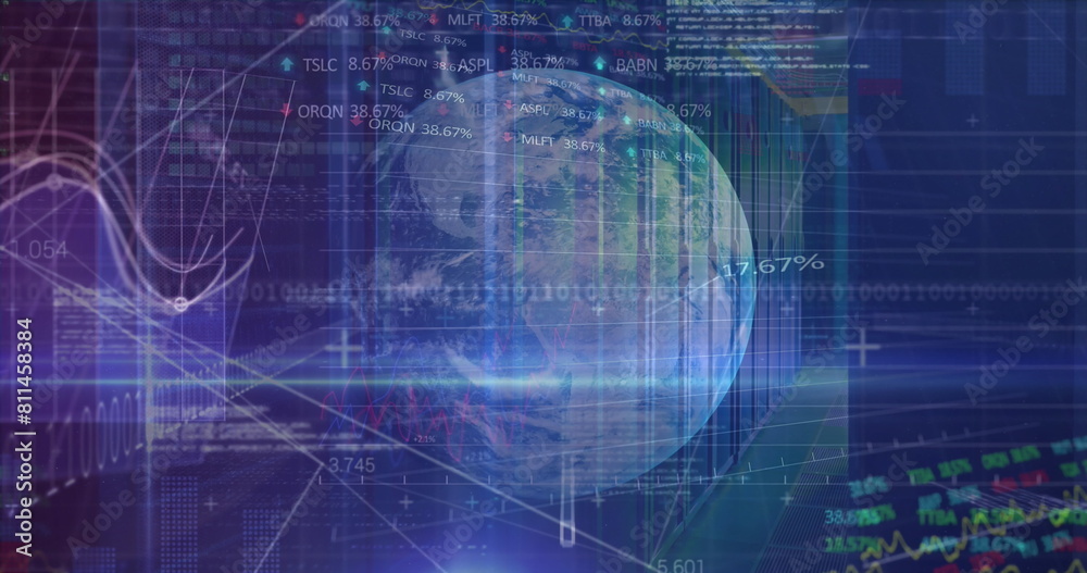 Poster image of data processing, graphs and connections over globe in blue space