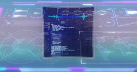 Image of data processing on moving screens over blue background