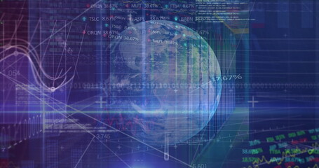 Image of data processing, graphs and connections over globe in blue space